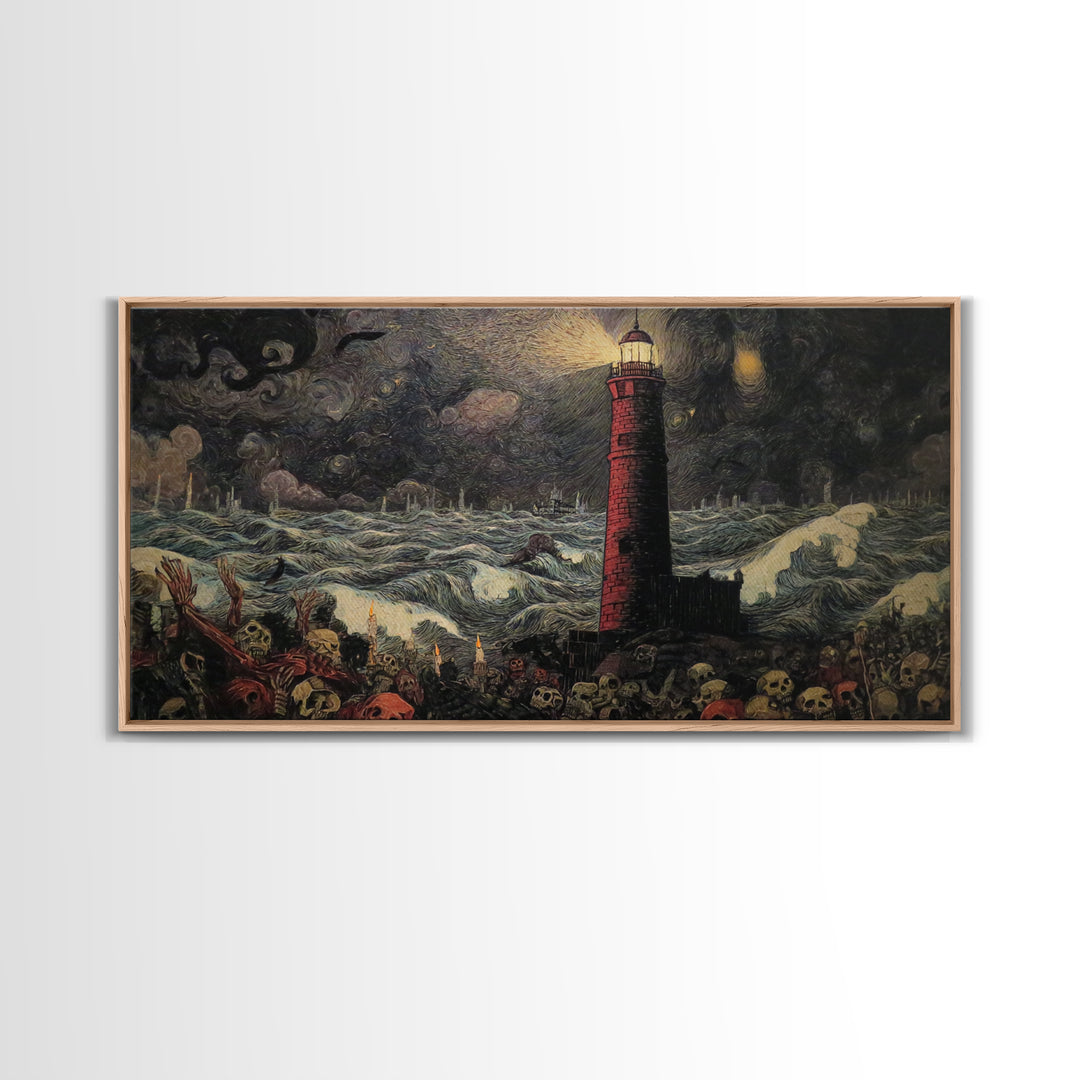 The Cursed Lighthouse, Grotesque Carnival Art, Wide Panoramic Art, Dark Fantasy Wall Art, Canvas Print, Halloween Wall Art