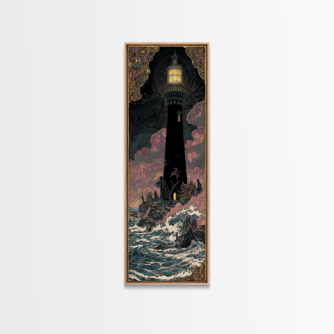 The Cursed Lighthouse, Stained Glass Gothic Art, Tall Narrow Wall Art, Dark Halloween Decor, Framed Canvas Print, Halloween Wall Art