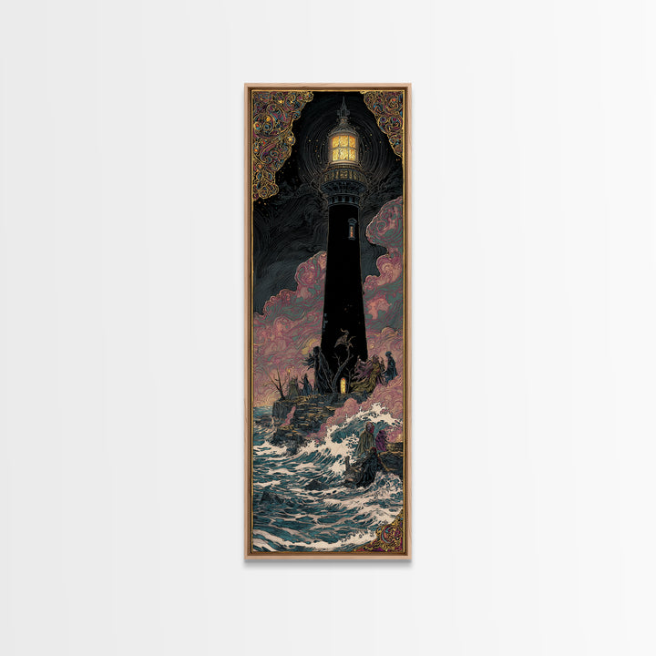 The Cursed Lighthouse, Stained Glass Gothic Art, Tall Narrow Wall Art, Dark Halloween Decor, Framed Canvas Print, Halloween Wall Art