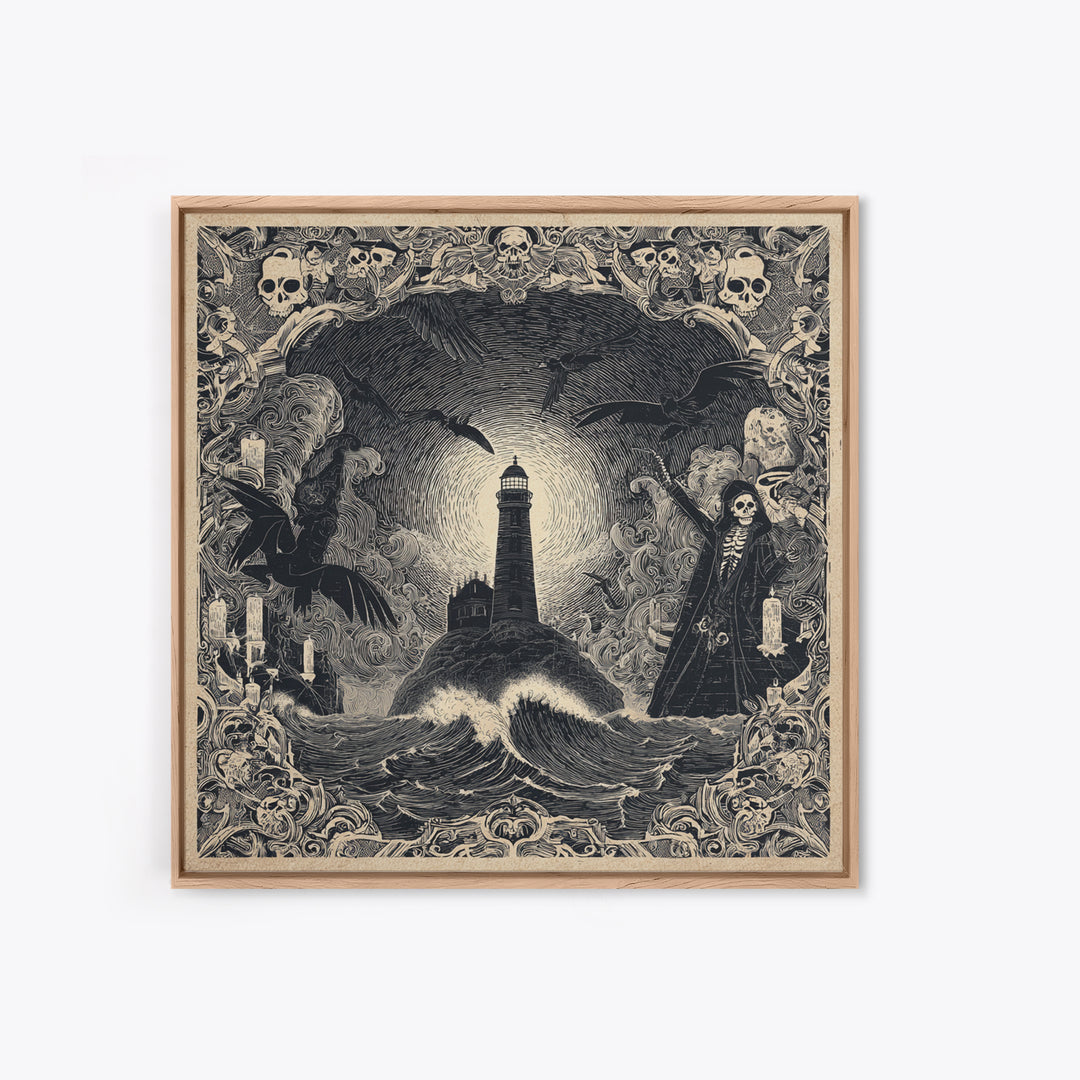 The Cursed Lighthouse, Macabre Folk Print Art, Square Wall Art, Gothic Horror Wall Art, Framed Canvas Print, Halloween Wall Art