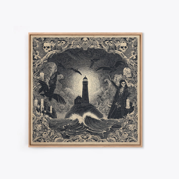 The Cursed Lighthouse, Macabre Folk Print Art, Square Wall Art, Gothic Horror Wall Art, Framed Canvas Print, Halloween Wall Art