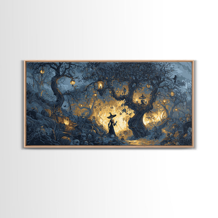 The Witch'S Forest, Macabre Folk Print Art, Wide Panoramic Art, Macabre Wall Art, Canvas Print, Halloween Wall Art