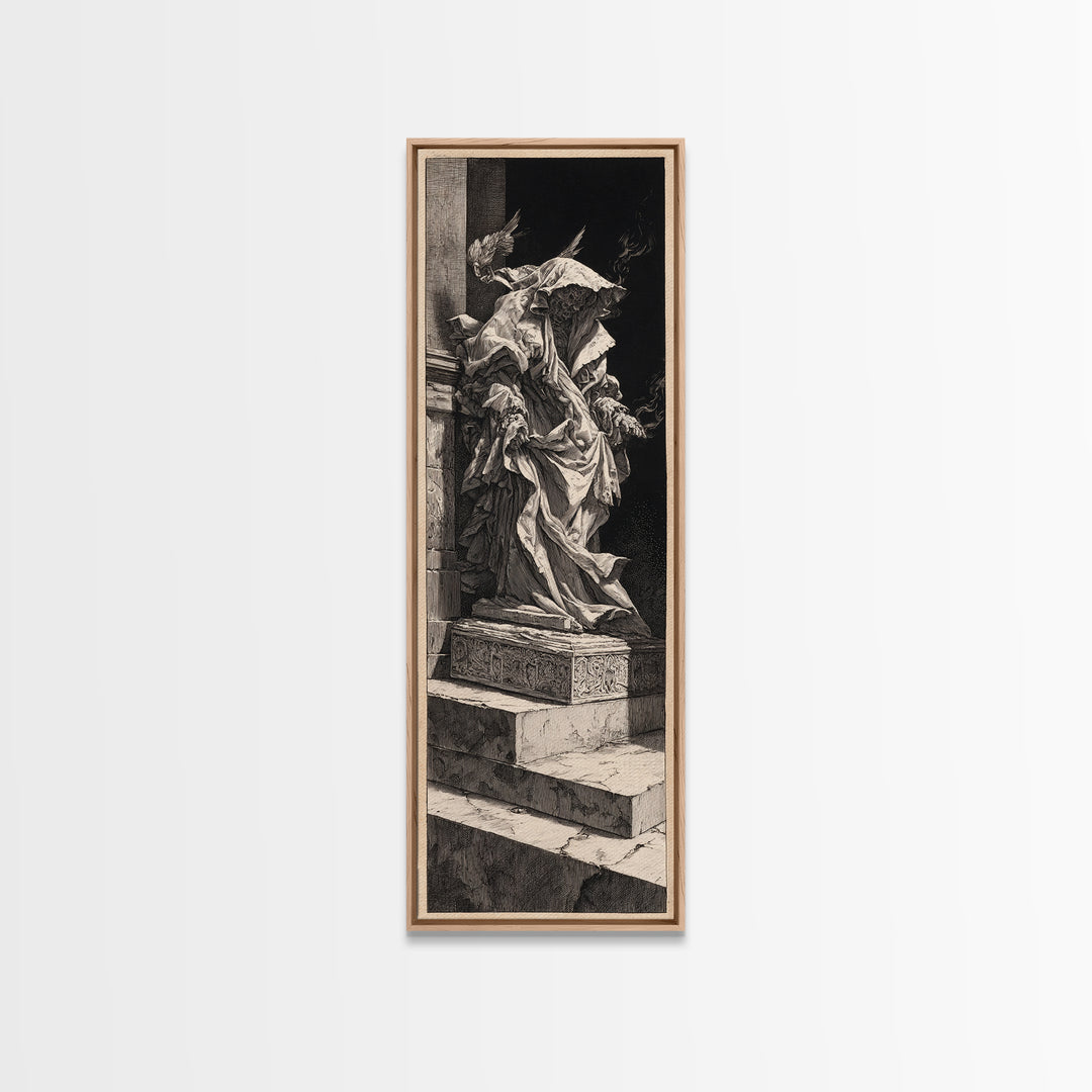 The Forgotten Crypt, Architectural Etching Art, Tall Narrow Wall Art, Dark Halloween Decor, Framed Canvas Print
