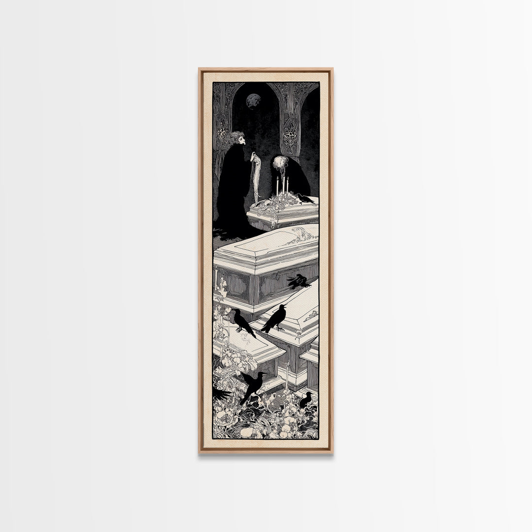 The Forgotten Crypt, Decadent Line Art, Tall Narrow Wall Art, Gothic Horror Wall Art, Framed Canvas Print, Halloween Wall Art