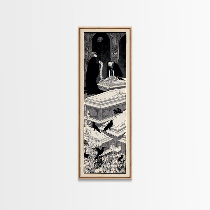 The Forgotten Crypt, Decadent Line Art, Tall Narrow Wall Art, Gothic Horror Wall Art, Framed Canvas Print, Halloween Wall Art