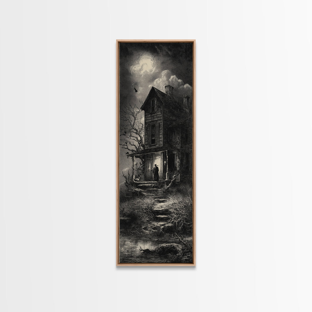 The Possessed Farmhouse, Gothic Engraving Art, Tall Narrow Wall Art, Macabre Wall Art, Canvas Print, Halloween Wall Art