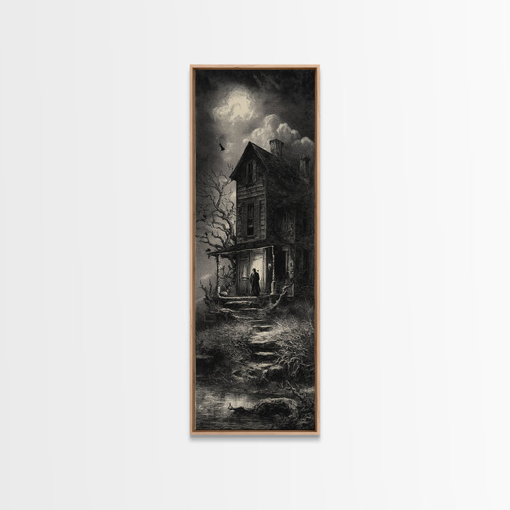 The Possessed Farmhouse, Gothic Engraving Art, Tall Narrow Wall Art, Macabre Wall Art, Canvas Print, Halloween Wall Art
