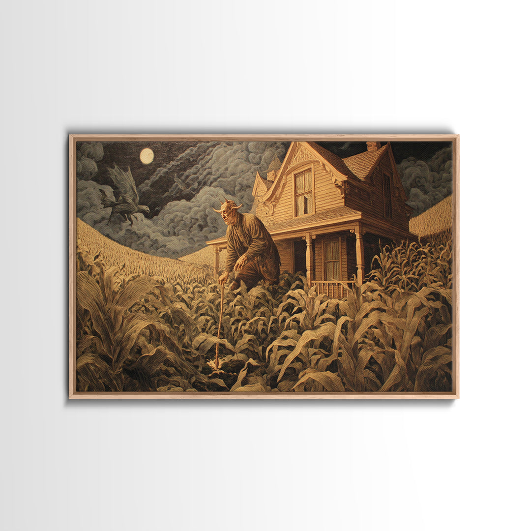 The Possessed Farmhouse, Medieval Grotesque Art, Landscape Wall Art, Dark Halloween Decor, Framed Canvas Print, Halloween Wall Art