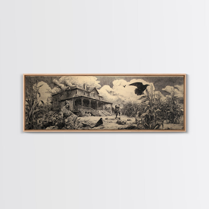 The Possessed Farmhouse, Renaissance Engraving Art, Extra Wide Wall Art, Dark Halloween Decor, Framed Canvas Print, Halloween Wall Art