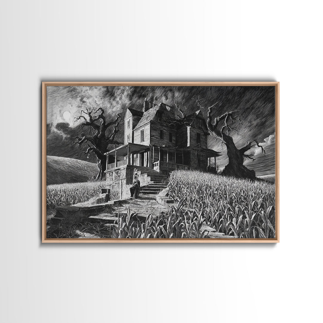 The Possessed Farmhouse, Architectural Etching Art, Landscape Wall Art, Macabre Wall Art, Framed Canvas Print