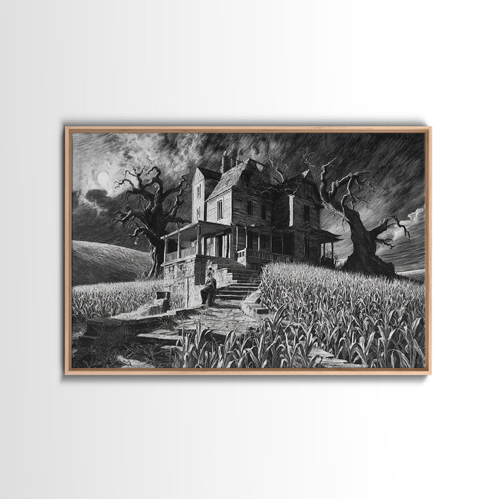 The Possessed Farmhouse, Architectural Etching Art, Landscape Wall Art, Macabre Wall Art, Framed Canvas Print