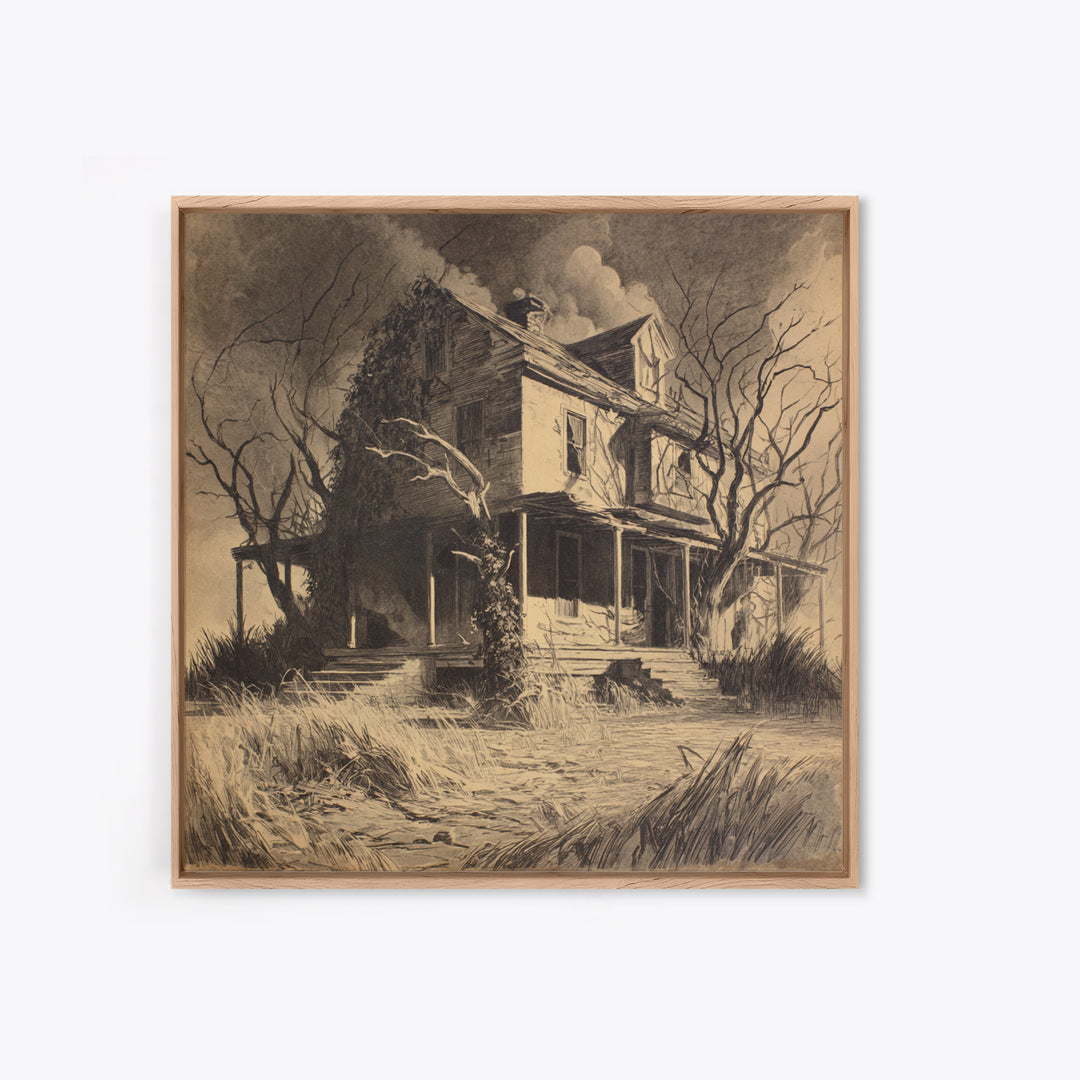 The Possessed Farmhouse, Symbolist Dream Art, Square Wall Art, Dark Halloween Decor, Canvas Print, Halloween Wall Art