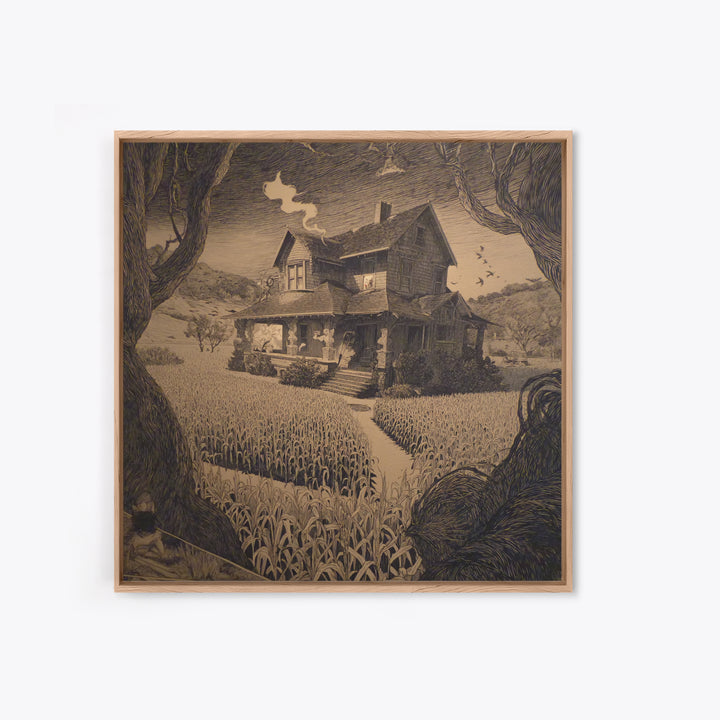 The Possessed Farmhouse, Symbolist Etching Art, Square Wall Art, Dark Halloween Decor, Framed Canvas Print, Halloween Wall Art