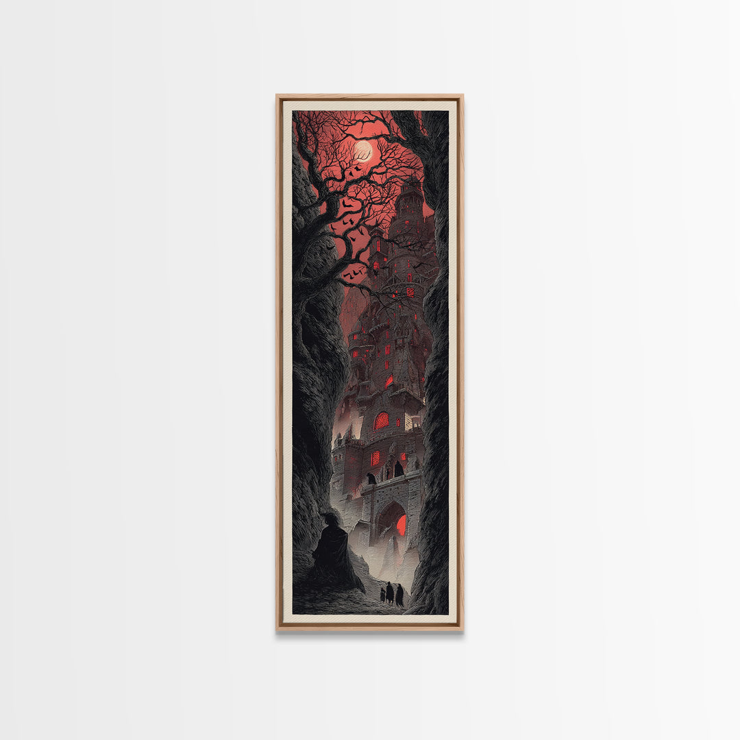 The Vampire Castle, Gothic Engraving Art, Tall Narrow Wall Art, Dark Halloween Decor, Canvas Print, Halloween Wall Art