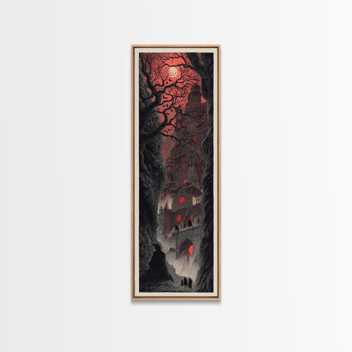 The Vampire Castle, Gothic Engraving Art, Tall Narrow Wall Art, Dark Halloween Decor, Canvas Print, Halloween Wall Art