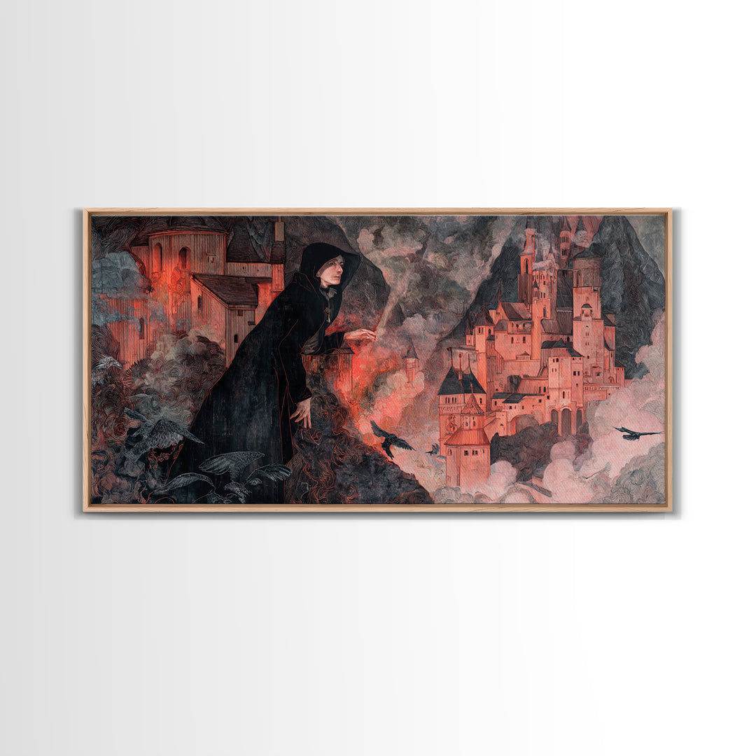 The Vampire Castle, Medieval Grotesque Art, Wide Panoramic Art, Gothic Horror Wall Art, Framed Canvas Print, Halloween Wall Art
