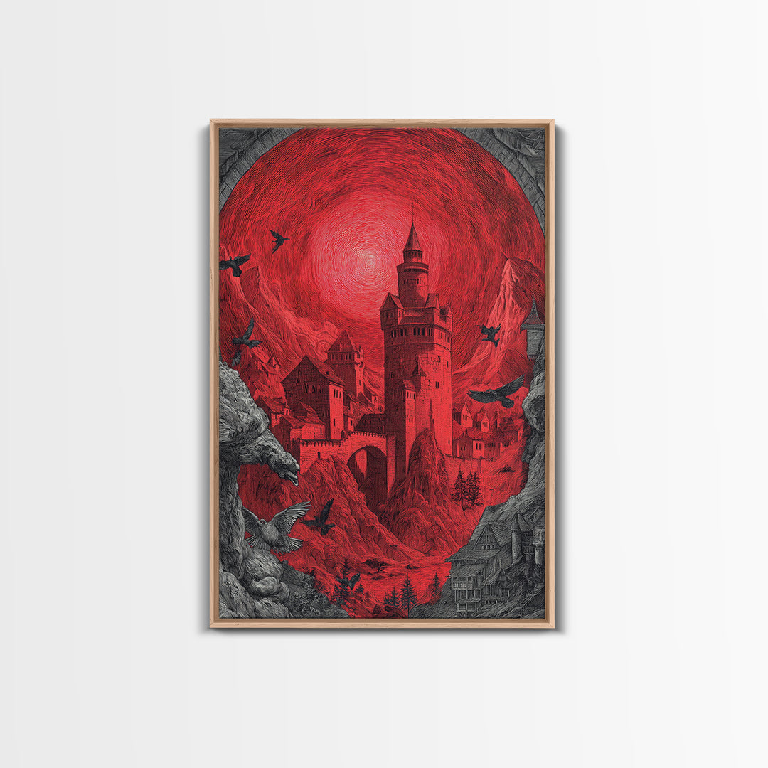 The Vampire Castle, Renaissance Engraving Art, Vertical Wall Art, Dark Halloween Decor, Framed Canvas Print, Halloween Wall Art