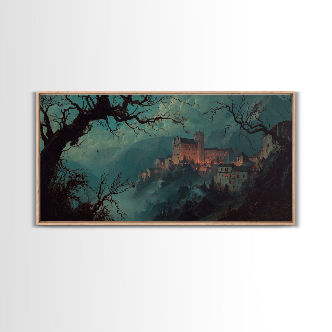 The Vampire Castle, Baroque Witchcraft Art, Wide Panoramic Art, Dark Fantasy Wall Art, Framed Canvas Print, Halloween Wall Art