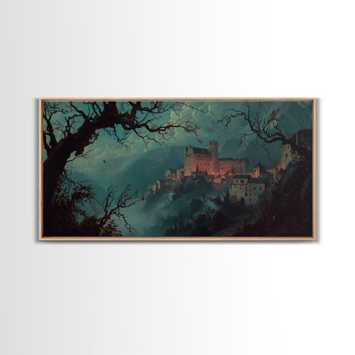 The Vampire Castle, Baroque Witchcraft Art, Wide Panoramic Art, Dark Fantasy Wall Art, Framed Canvas Print, Halloween Wall Art