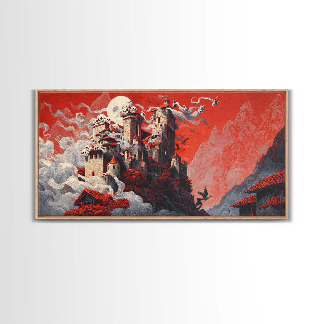 The Vampire Castle, Macabre Folk Print Art, Wide Panoramic Art, Dark Halloween Decor, Canvas Print, Halloween Wall Art
