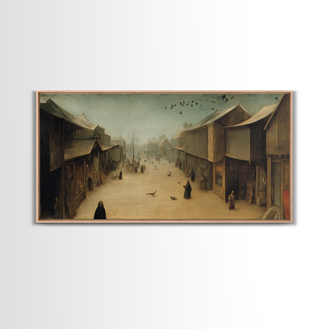 The Ghost Town Main Street, Northern Renaissance Horror, Wide Panoramic Art, Dark Halloween Decor, Framed Canvas Print