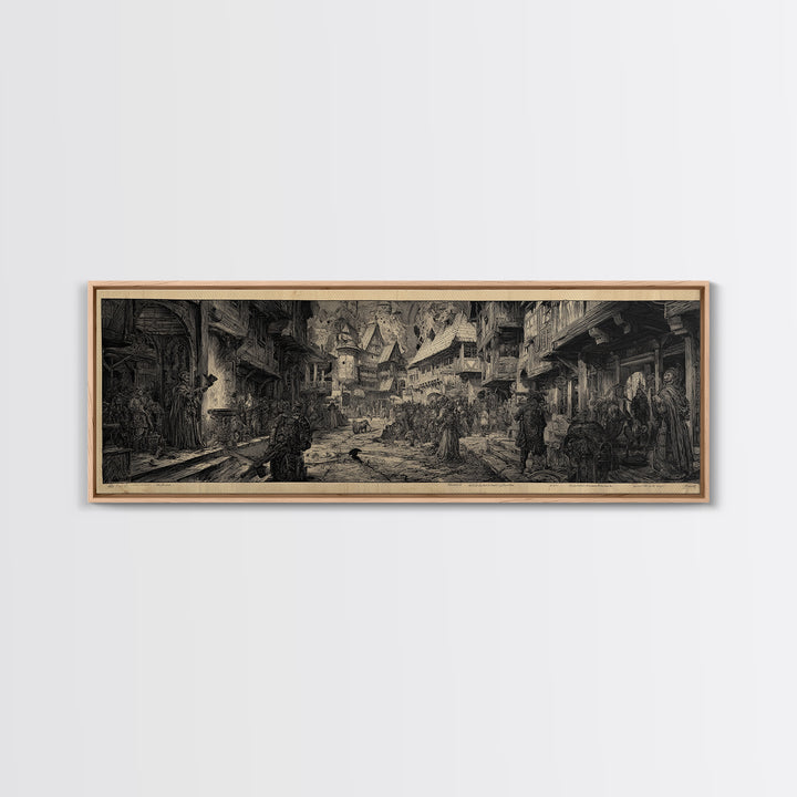 The Ghost Town Main Street, Renaissance Engraving Art, Extra Wide Wall Art, Dark Halloween Decor, Framed Canvas Print, Halloween Wall Art