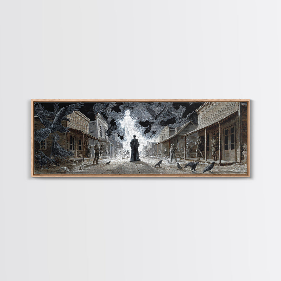 The Ghost Town Main Street, Visionary Gothic Art, Extra Wide Wall Art, Macabre Wall Art, Framed Canvas Print, Halloween Wall Art