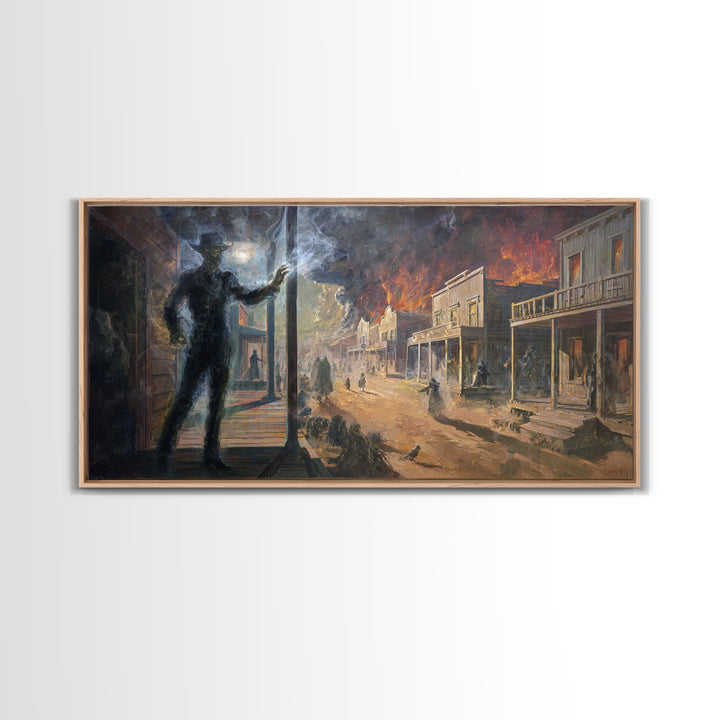The Ghost Town Main Street, Apocalyptic Romantic Art, Wide Panoramic Art, Dark Fantasy Wall Art, Framed Canvas Print, Halloween Wall Art