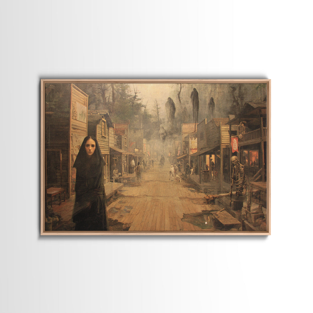 The Ghost Town Main Street, Symbolist Gothic Landscape, Landscape Wall Art, Macabre Wall Art, Framed Canvas Print, Halloween Wall Art