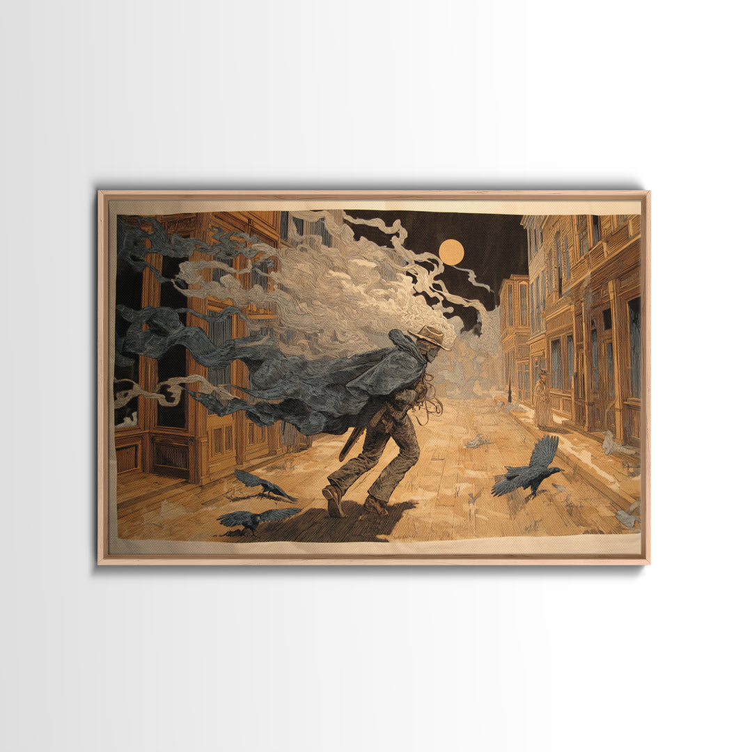 The Ghost Town Main Street, Symbolist Etching Art, Landscape Wall Art, Gothic Horror Wall Art, Framed Canvas Print, Halloween Wall Art