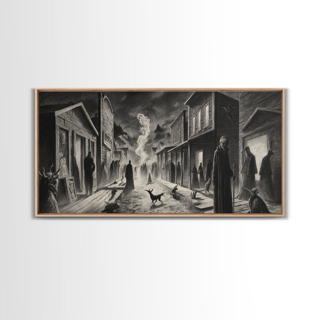 The Ghost Town Main Street, Expressionist Nightmare Art, Wide Panoramic Art, Dark Halloween Decor, Framed Canvas Print, Halloween Wall Art