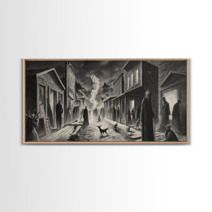 The Ghost Town Main Street, Expressionist Nightmare Art, Wide Panoramic Art, Dark Halloween Decor, Framed Canvas Print, Halloween Wall Art