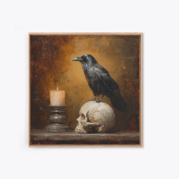Raven Perched on a Skull Canvas Print, Dark Art, Room Decor, Living Room Decor, Fine Art, Nocturne, Digital Art, DAR-1x1-25