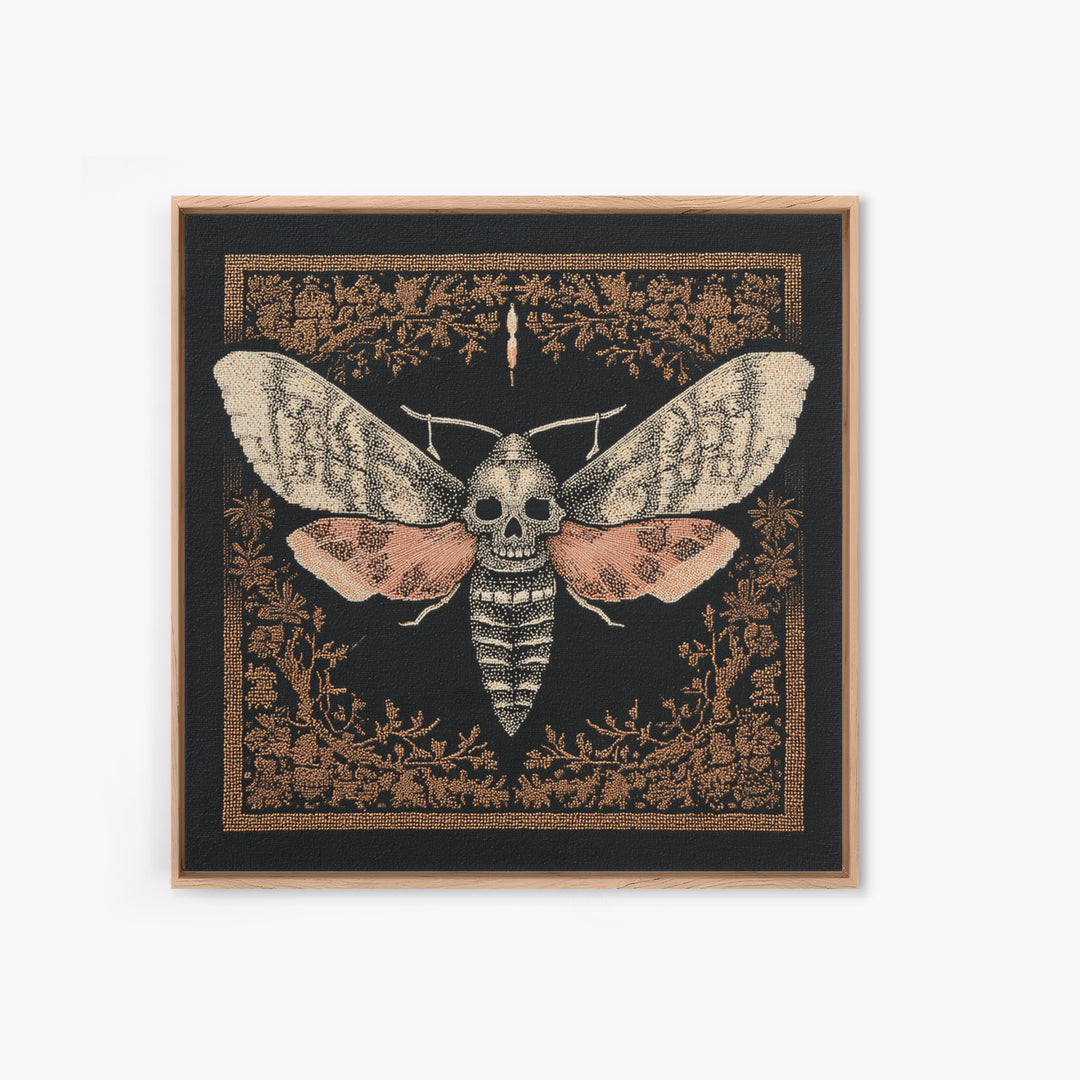 Moth with Skull Pattern on Black Ground Framed Canvas Print, Dark Art, Unique Wall Decor, Living Room Decor, Fine Art, Nocturne, DAR-1x1-39