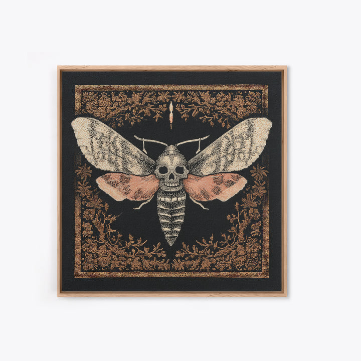 Moth with Skull Pattern on Black Ground Framed Canvas Print, Dark Art, Unique Wall Decor, Living Room Decor, Fine Art, Nocturne, DAR-1x1-39