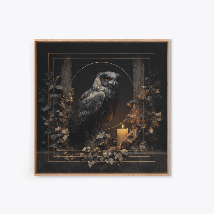 Owl in a Midnight Pine Forest Framed Canvas Print, Dark Art, Weird Art, Living Room Decor, Oil Painting, Nocturne, DAR-1x1-46