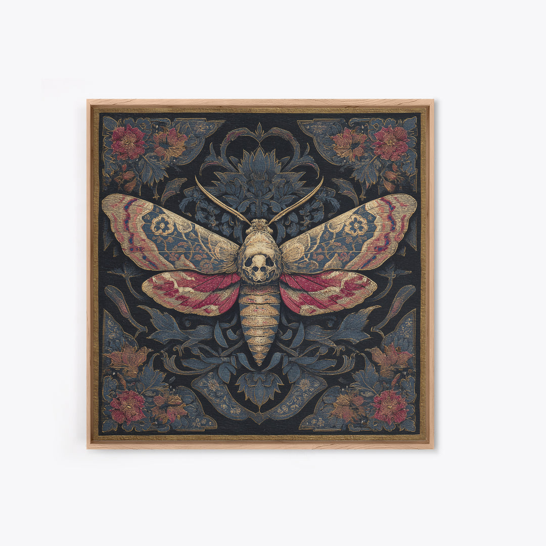 Moth with Skull Pattern on Black Ground Framed Canvas Print, Dark Art, Neutral Decor, Living Room Decor, Fine Art, Nocturne, DAR-1x1-63