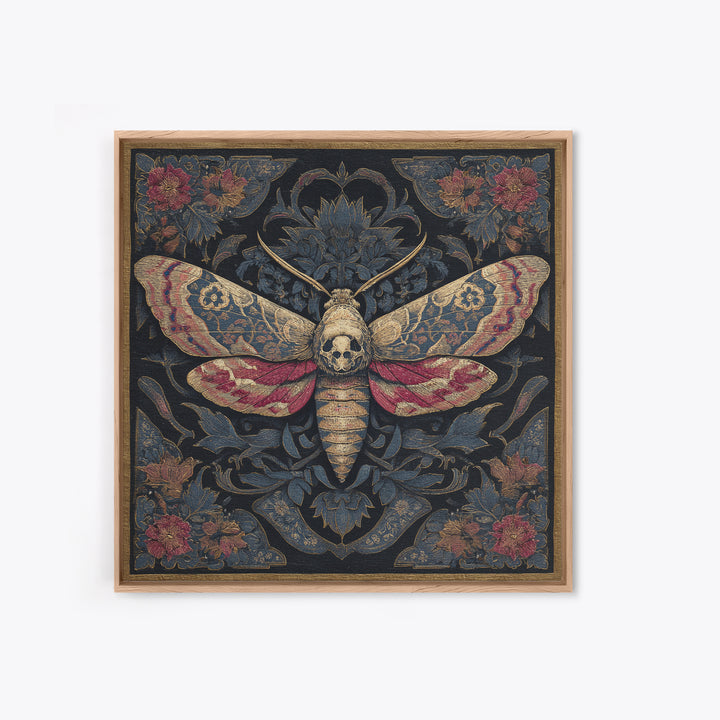 Moth with Skull Pattern on Black Ground Framed Canvas Print, Dark Art, Neutral Decor, Living Room Decor, Fine Art, Nocturne, DAR-1x1-63