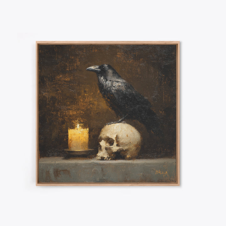 Raven Perched on a Skull Canvas Print, Dark Art, Art Print, Living Room Decor, Oil Painting, Nocturne, Halloween Art, DAR-1x1-97