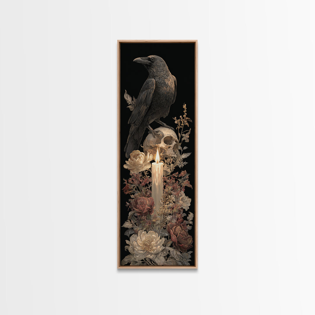 Raven Perched on a Skull Canvas Print, Dark Art, Minimalist Decor, Living Room Decor, Fine Art, Nocturne, Oil Painting, DAR-1x3-37