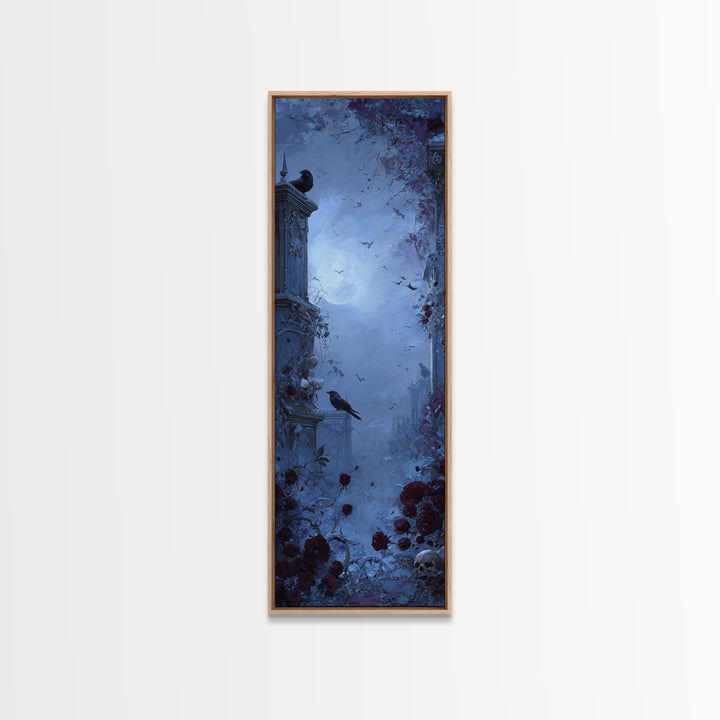 Silent Graveyard with Blue Moon Haze Framed Canvas Print, Dark Art, Horror Wall Art, Living Room Decor, Oil Painting, Nocturne, DAR-1x3-54
