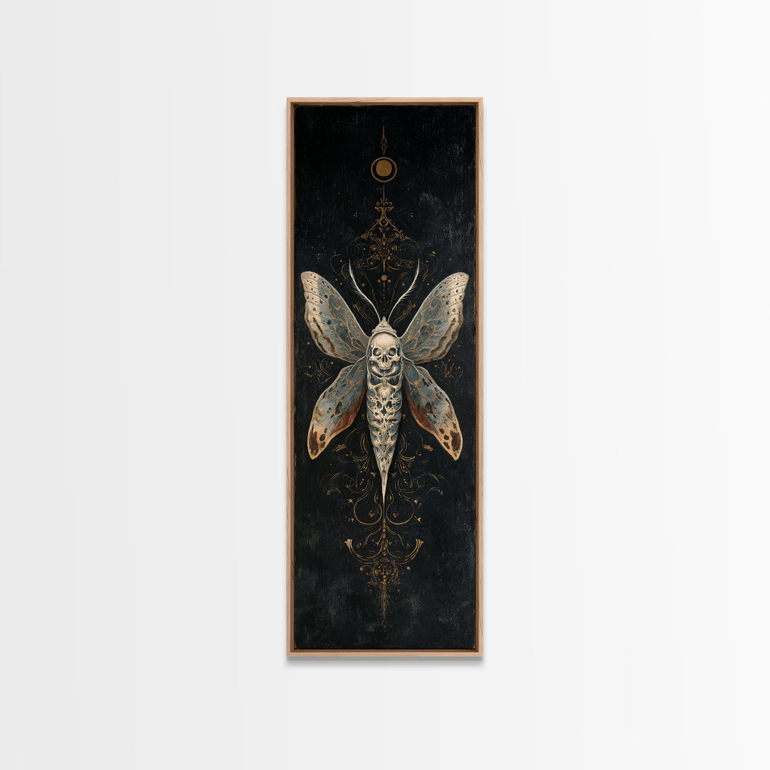 Moth with Skull Pattern on Black Ground Framed Canvas Print, Dark Art, Neutral Decor, Living Room Decor, Fine Art, Nocturne, DAR-1x3-75