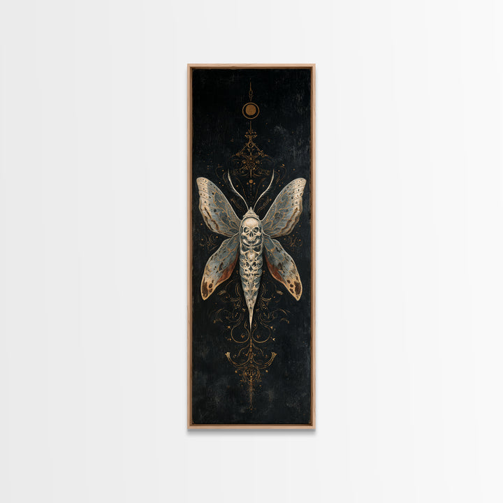 Moth with Skull Pattern on Black Ground Framed Canvas Print, Dark Art, Neutral Decor, Living Room Decor, Fine Art, Nocturne, DAR-1x3-75