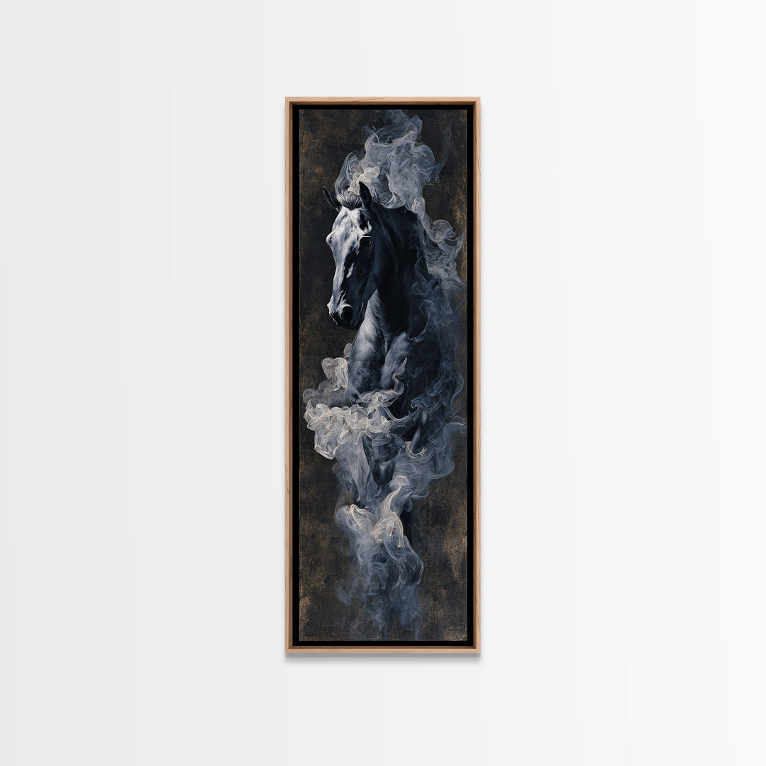 Black Horse Emerging from Smoke Framed Canvas Print, Dark Art, Weird Art, Living Room Decor, Fine Art, Nocturne, DAR-1x3-79