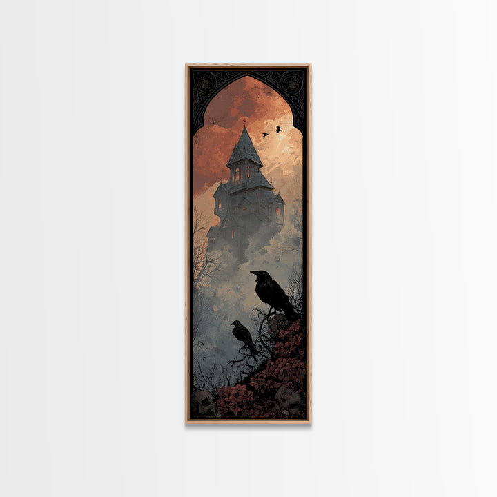 Haunted Mansion Silhouette on Distant Hill Canvas Print, Dark Art, Wall Art, Living Room Decor, Oil Painting, Nocturne, DAR-1x3-90