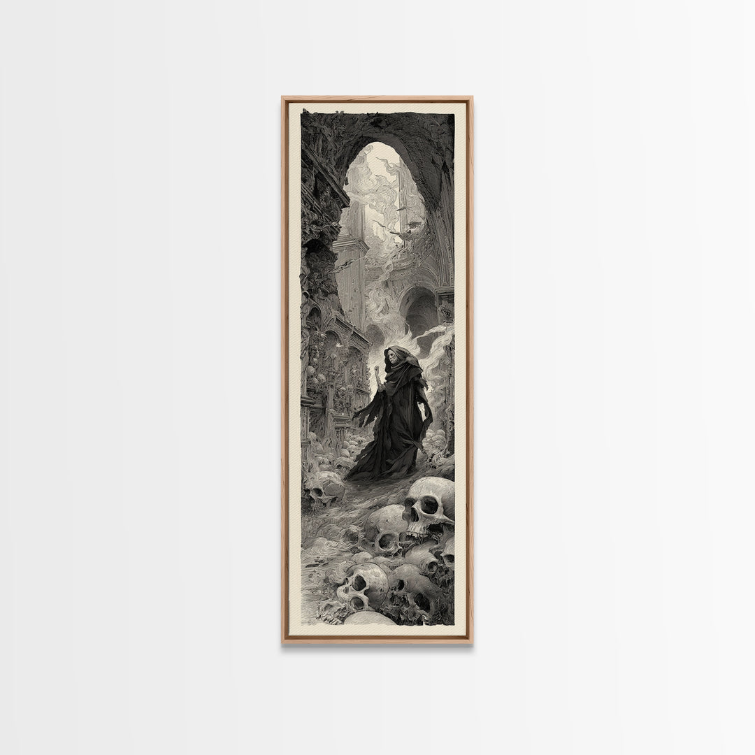 The Endless Catacombs, Gothic Engraving Art, Tall Narrow Wall Art, Dark Halloween Decor, Canvas Print, Halloween Wall Art