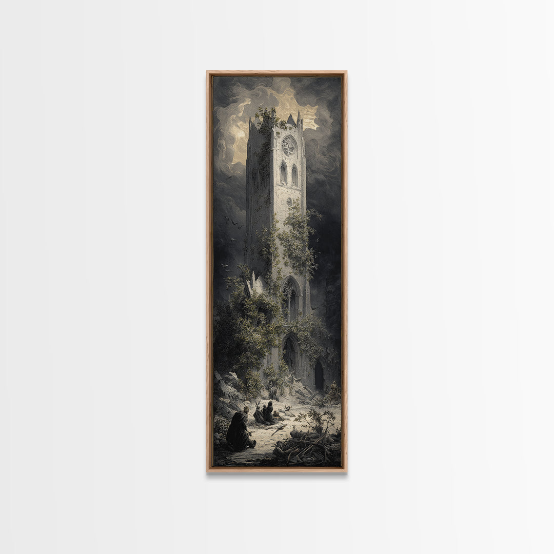The Overgrown Chapel, Gothic Engraving Art, Tall Narrow Wall Art, Dark Halloween Decor, Canvas Print, Halloween Wall Art