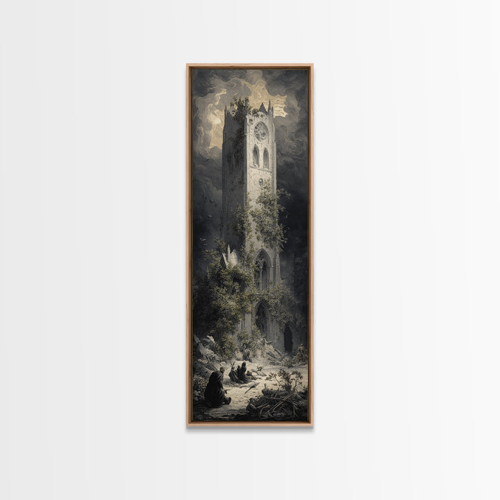 The Overgrown Chapel, Gothic Engraving Art, Tall Narrow Wall Art, Dark Halloween Decor, Canvas Print, Halloween Wall Art