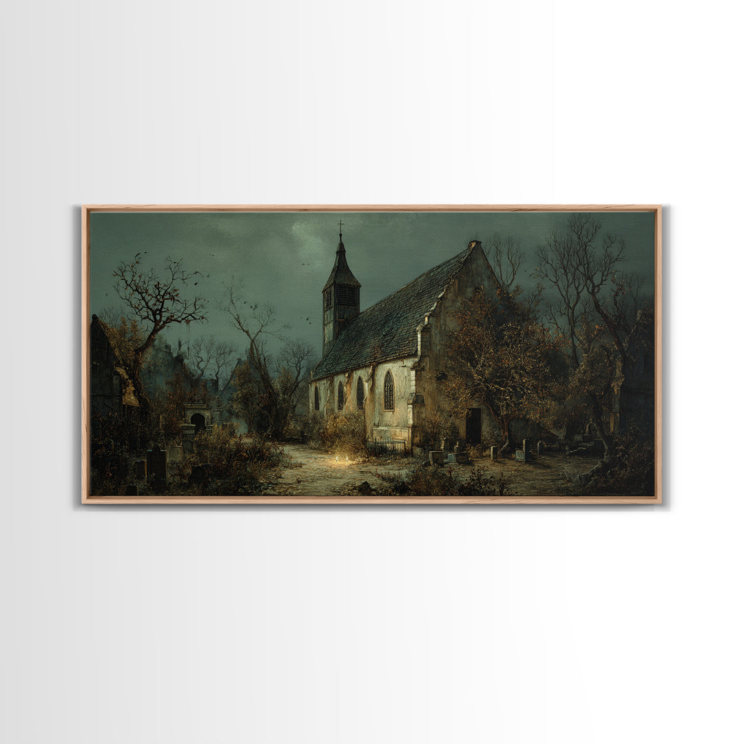 The Overgrown Chapel, Northern Renaissance Horror, Wide Panoramic Art, Dark Halloween Decor, Canvas Print, Halloween Wall Art