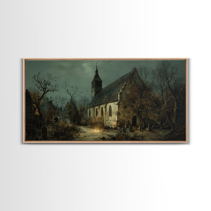 The Overgrown Chapel, Northern Renaissance Horror, Wide Panoramic Art, Dark Halloween Decor, Canvas Print, Halloween Wall Art